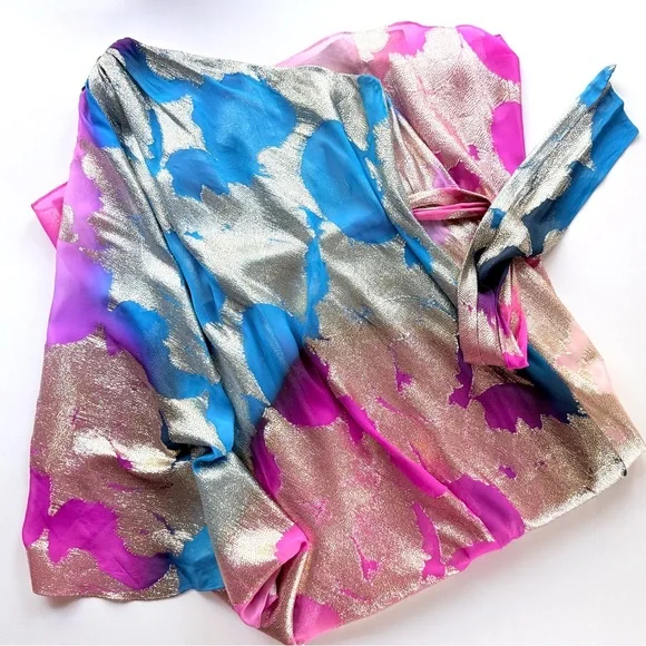 Halston Nisa Gown Printed Fil Coupe Fuschia Turquoise Gold One-Shoulder Dress 4 - Picture 12 of 16